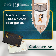 Banner dos cartões Diners com imagem de casal se abraçando na proa de uma lancha no mar