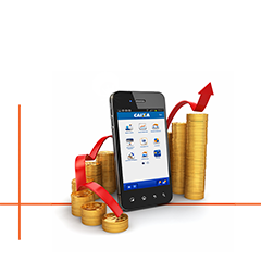 Várias pilhas de moedas douradas e um celular