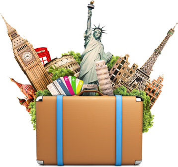 Imagem de uma mala com monumentos famosos ao redo