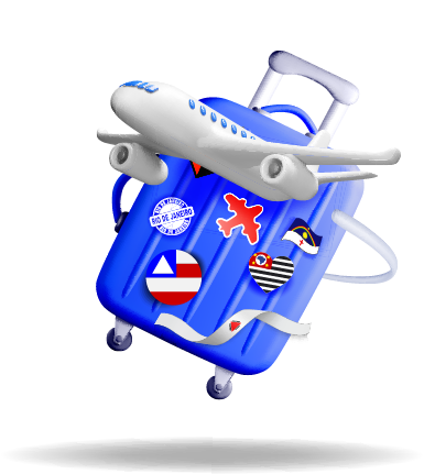 Imagem de uma mala com selo de diversos países.