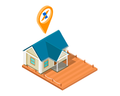 Imagem de uma casa com um icone de localização da Caixa