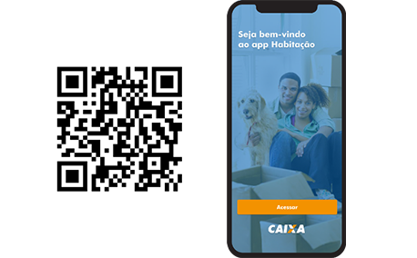 Imagem da primeita tela do App Habitação e um QR Code para baixar o aplicativo.