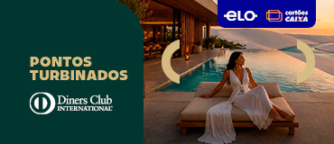 Banner promocional da CAIXA e Elo. À esquerda, fundo verde-escuro com o texto “Pontos Turbinados” e o logotipo Diners Club International. À direita, imagem de um resort à beira-mar com piscina de borda infinita e uma pessoa sentada em uma espreguiçadeira. No canto superior direito, aparecem os logotipos Elo e Cartões CAIXA sobre uma faixa azul.