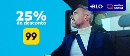 Use seu Cartão CAIXA Elo para pagar suas corridas na 99 e ganhe 25% de desconto. Resgate seu cupom e
aproveite.