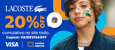 20% de desconto cumulativo no site todo. Cupom: VAIDEVISAOFF. Imagem de um menino branco de jaqueta azul com pintura de rosto simbolizando a marca Lacoste.