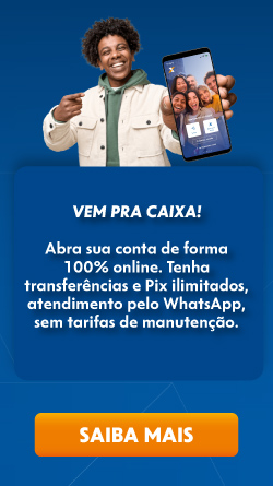 Vem pra CAIXA! Abra sua conta de forma 100% online. Tenha transferências e Pix ilimitados, atendimento pelo WhatsApp, sem tarifas de manutenção.