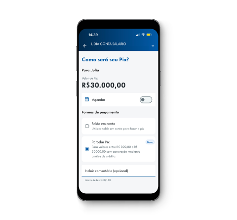 1. Inicie o envio de Pix no app CAIXA, informando a chave do recebedor e o valor.
