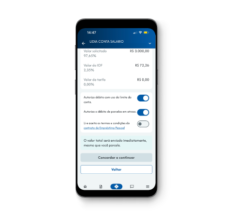 4. Confira as parcelas, taxas e custo efetivo total e confirme a contratação digitando a senha de transação.