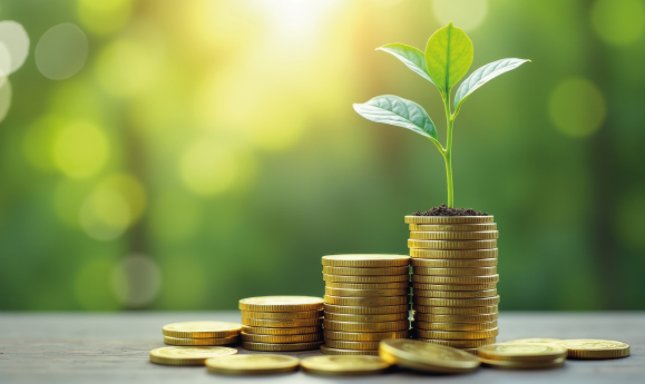 Imagem de um monte de moedas com uma muda planta em cima.