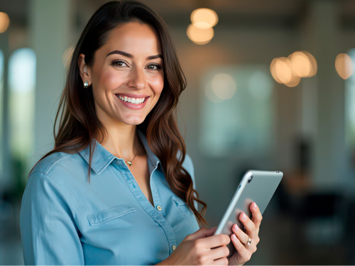 mulher com tablet nas mãos sorrindo