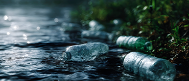 Garrafas plásticas poluindo a margem de um corpo d’água.