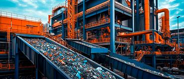 Instalação industrial com esteiras transportando resíduos para processamento.