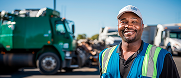 Trabalhador usando colete refletivo em um pátio industrial com caminhões ao fundo.