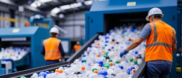 Funcionários com coletes refletivos trabalhando em esteira de triagem de garrafas plásticas em uma instalação industrial.
