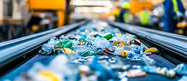 Garrafas e embalagens plásticas em movimento sobre uma esteira de processamento.