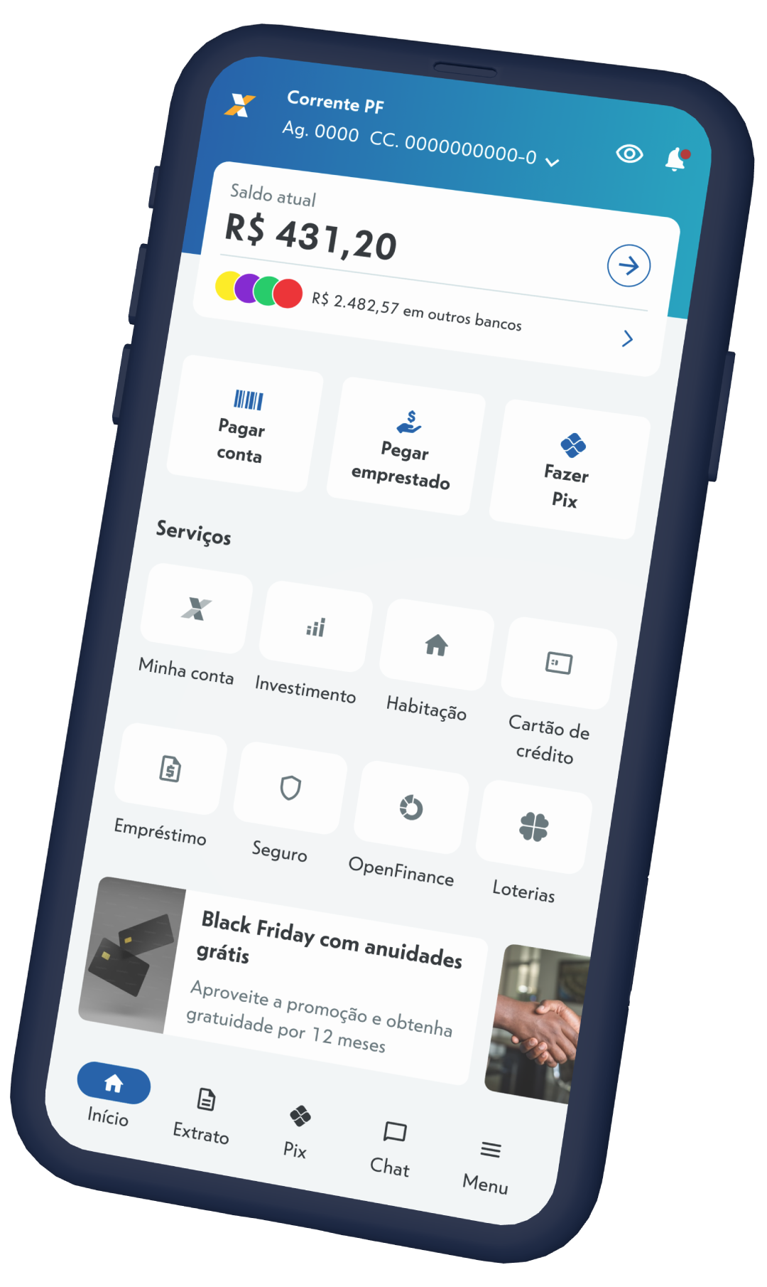 Celular com o App CAIXA aberto na primeira tela.